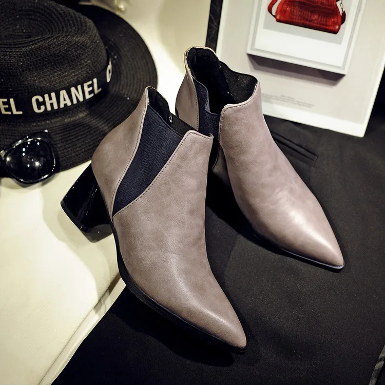 

16 Years Autumn And Winter Japanese Korean Pointed-Toe Ankle Boots Women's Hot Selling Pointed Toe Chunky Heel Short Boots Elast