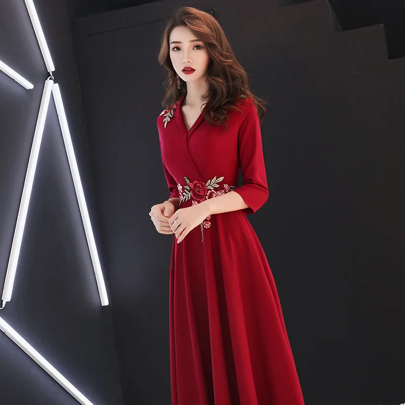 

Dress for Toast Bride 2019 Marriage New Style Autumn & Winter Long Sleeve Red, Long V-neck Slimming Evening Gown Women's Elegant