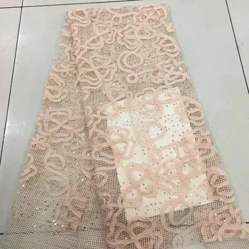 

Fancy design african sequins lace fabric quality 5 yards per lot nigerian tulle mesh lace pink hot sale lace FJ2203