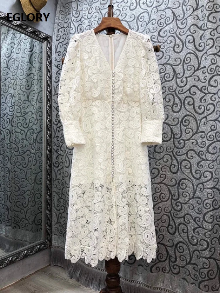 

Top Quality New Lace Dress 2020 Autumn Winter Party Evening Women Allover Crochet Lace Embroidery Button Front Long Sleeve Dress