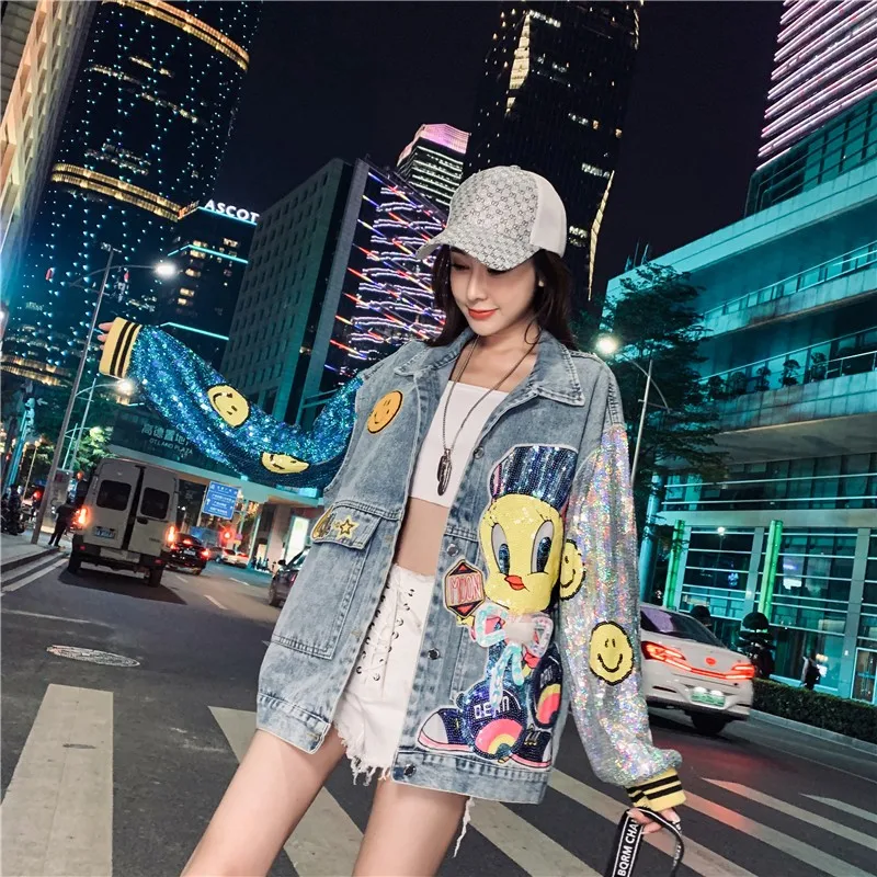 Fashion Oversize Denim Jackets Women Cartoon Sequin Stitching Embroidery Streetwear Hip Hop Vintage Outerwear Джинсовая куртка весна и осень новый all match три четверти рукава джинсовая куртка женщины короткий внешний носить тонкая куртка студенческая куртка