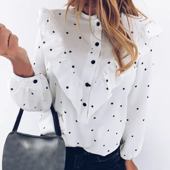 

2020 Spring Women Polka Dot Ruffle Blouse Shirt Casual O Neck Buttons Pullover Blusa Lady Long Sleeve Tops Blusa