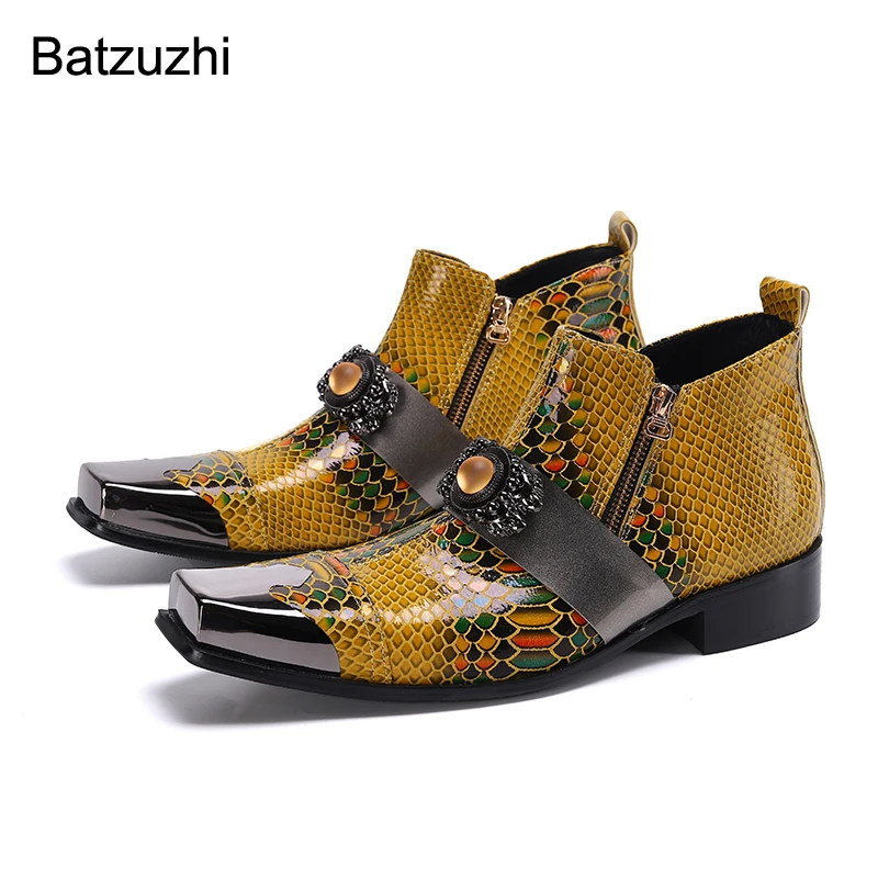 

Batzuzhi Men's Boots Western Handmade Square Metal Toe Genuine Leather Boots Ankle Zip Rock Botas HombreBlue Party Wedding