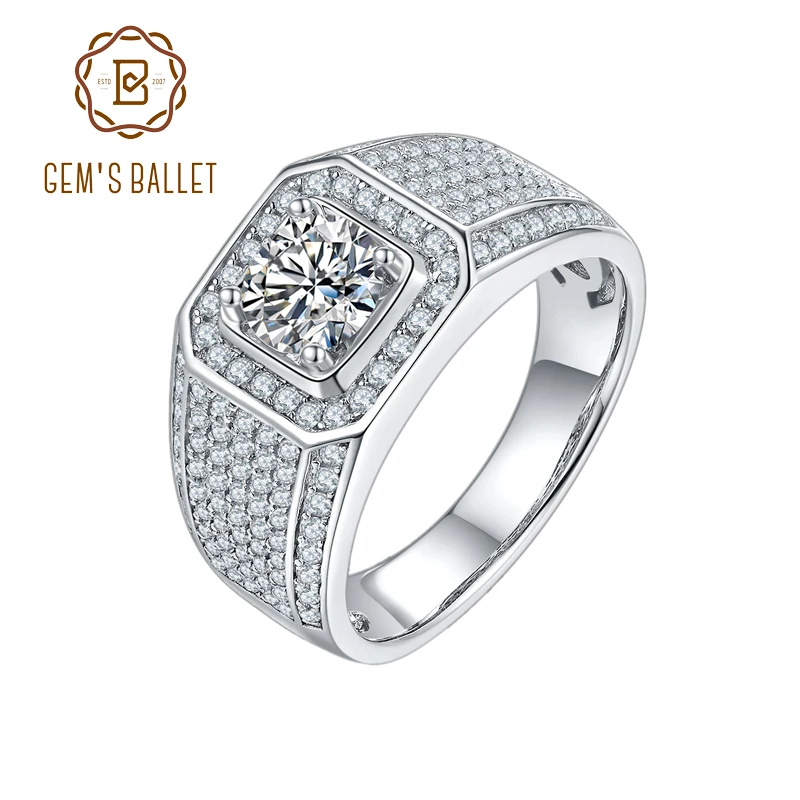 Мужское кольцо GEM'S BALLET Brilliant Moissanite 1.0ct 2ct 3ct круглый набор из моиссанита 925 пробы