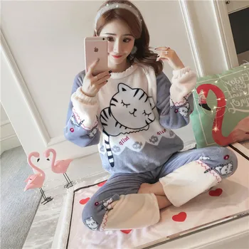 

Winter Young Women's Pajamas Warm Flannel Long-sleeved Pajama Sets Pyjama Loose Men Couple Sleepwear Top+ Pants Pijama Mujer