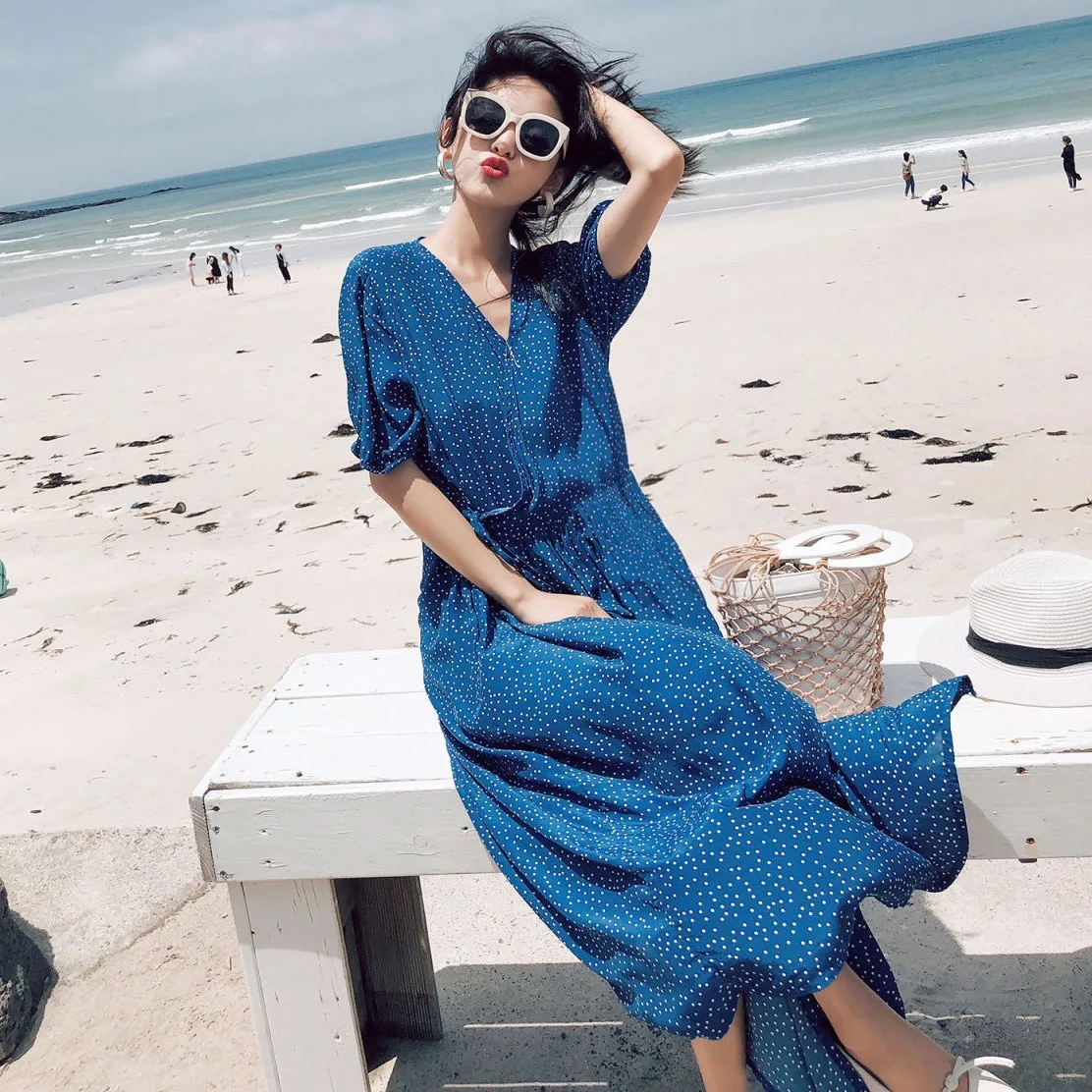 

Photo Shoot INS Very Fairy of Non-mainstream Polka Dot Side Lace-up Elegant Long Skirts Women's Ol Blue Short-sleeved Waist Hugg