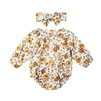 

2PCS Newborn Baby Girl Autumn Clothes Flower Romper Jumpsuit Headband Outfit Set