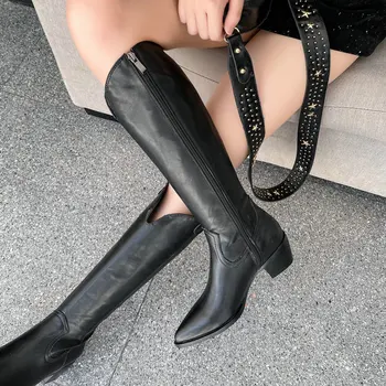 

Genuine leather Knee High Boots Women Autumn Winter Party Night Club Basic Shoes Woman Pointed Toe High Boots Plus Size 41 42