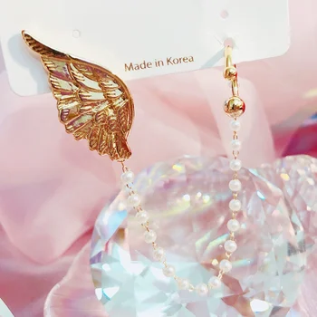 

MENGJIQIAO 2020 New Design Metal Wing 2 in1 Ear Clips For Women Elegan Pearl Tassel Fashion No Piercing Fake Cartilage Jewelry