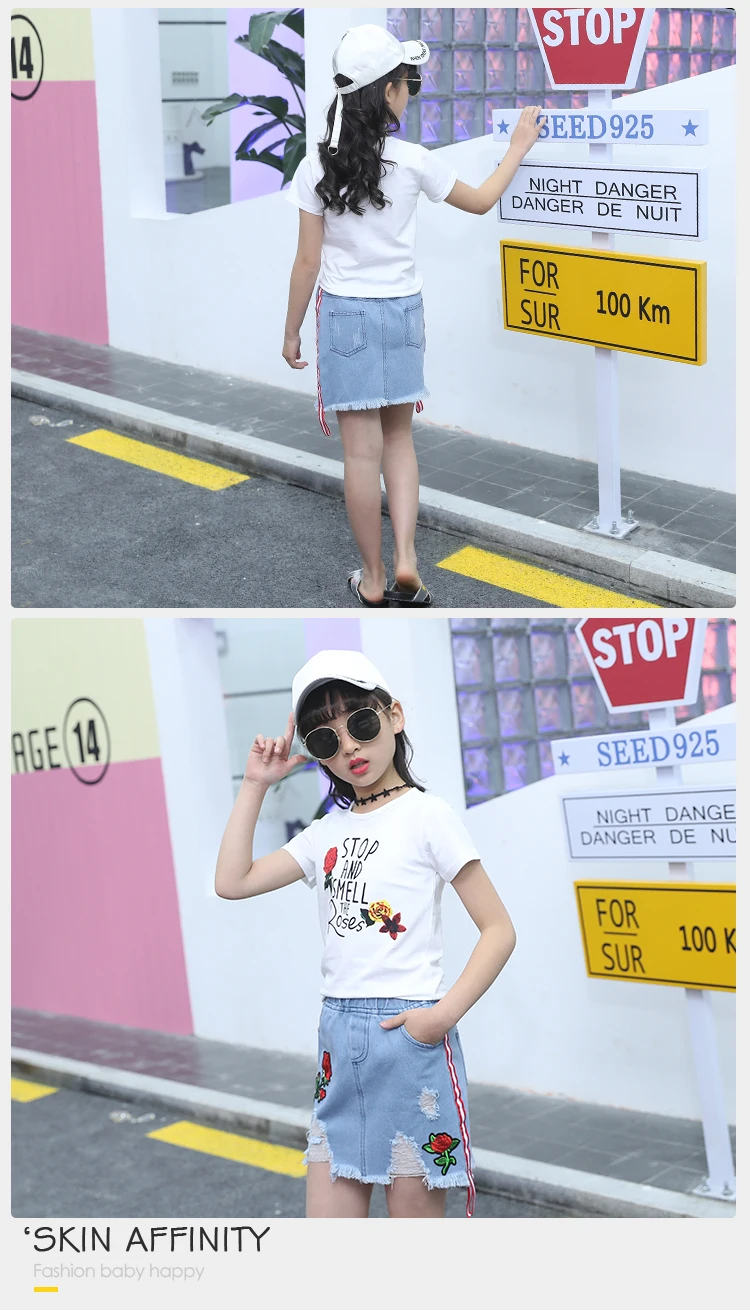5-14 Years Old Kids Clothes 2 Piece Embroidery Rose Designer Children White Two Piece Short T-Shirt And Denim Kids Skirt Set