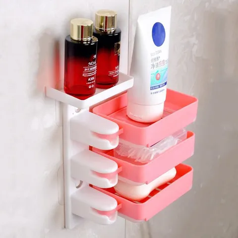 Soap Box Rotating Three Layer Self-adhesive Makeup Organizer Storage Draining Case Holder for Bathroom Soap Dish Shelf Box