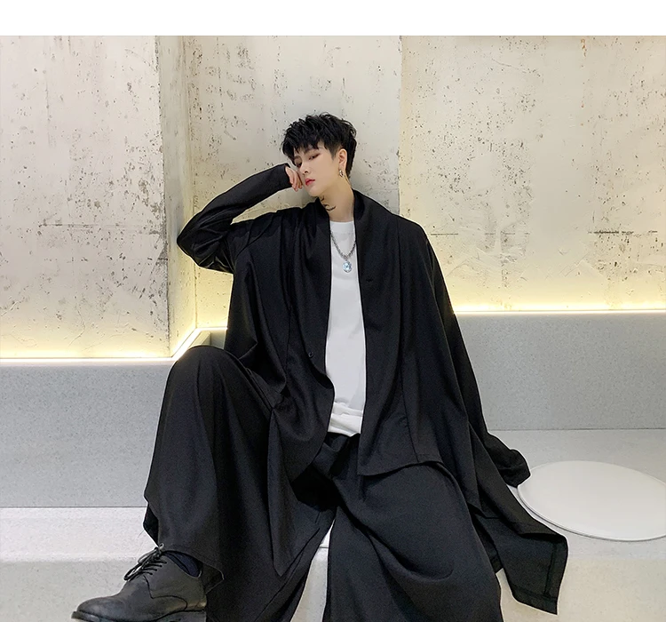Men Japan Style Streetwear Gothic Irregular Windbreaker Jacket Kimono Cardigan Male Black Trench Coat Outerwear Stage Clothes