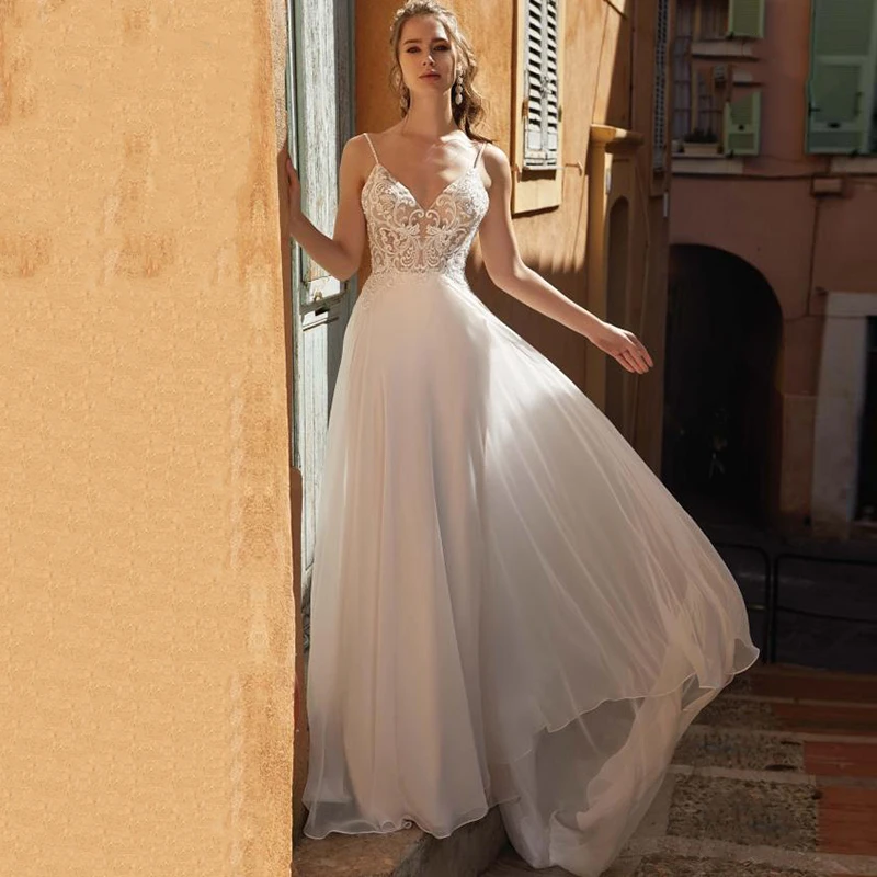 Vestido de novia sencillo de encaje y gasa línea A, largo hasta el suelo, escote Corazón, tirantes, vestidos de novia Vintage con espalda de novia| - AliExpress