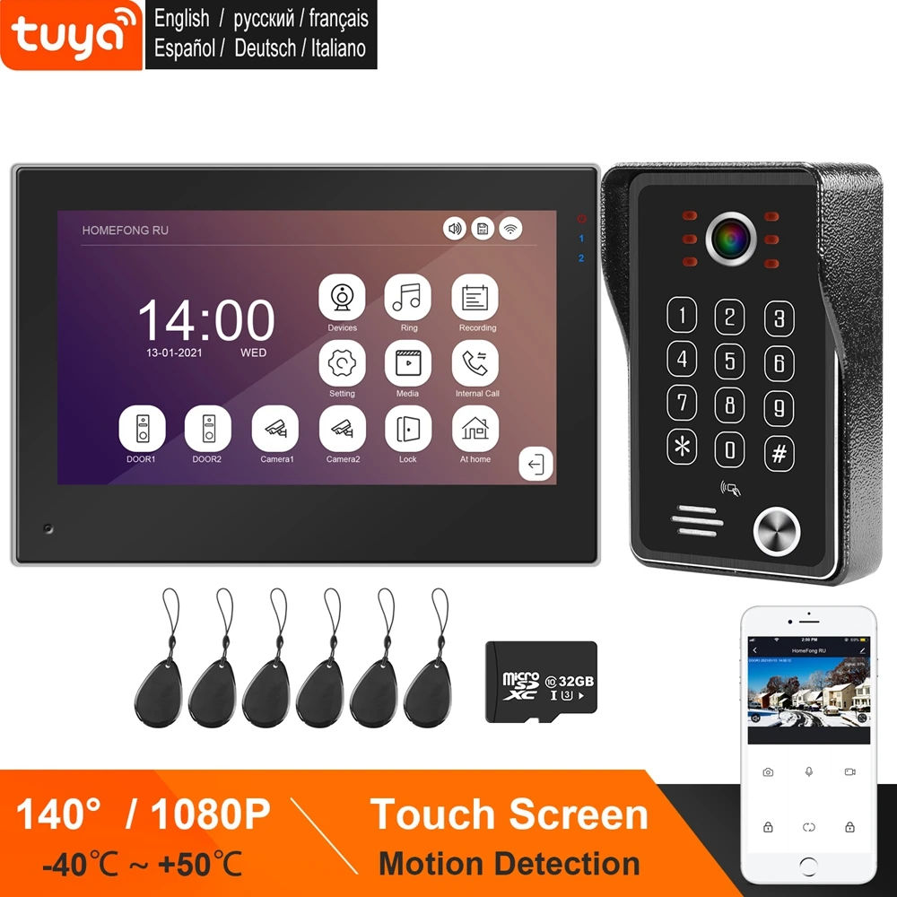 TUYA WIFI Intercom System IP Video Intercom for Home Touch Screen 1080P Doorbell Motion Detect Record  RFID Card Password Unlock