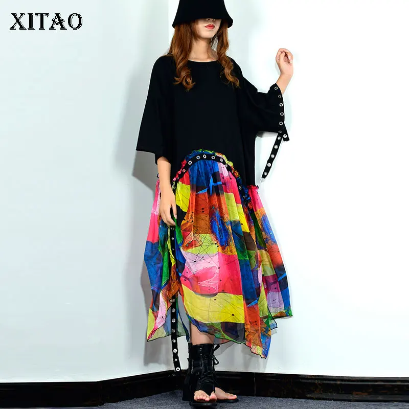 

XITAO Tide Colorful Print O Neck Midi Dress Hollow Out Irregular Sleeve Fashion Loose Casual Plus Size Dress 2019 New WLD2120