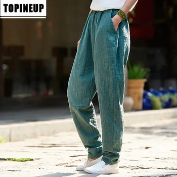 

2020 spring Women's Casual vintage solid color elastic waist Cotton and Linen Stitching Pants