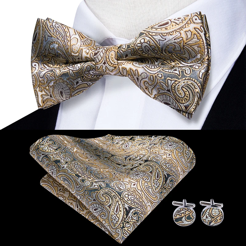LH-738 Hi-Tie роскошные золотые шелковые галстуки для мужчин модные свадебные вечерние золотые бантики платок запонки набор мужские галстуки - Цвет: LH-0501