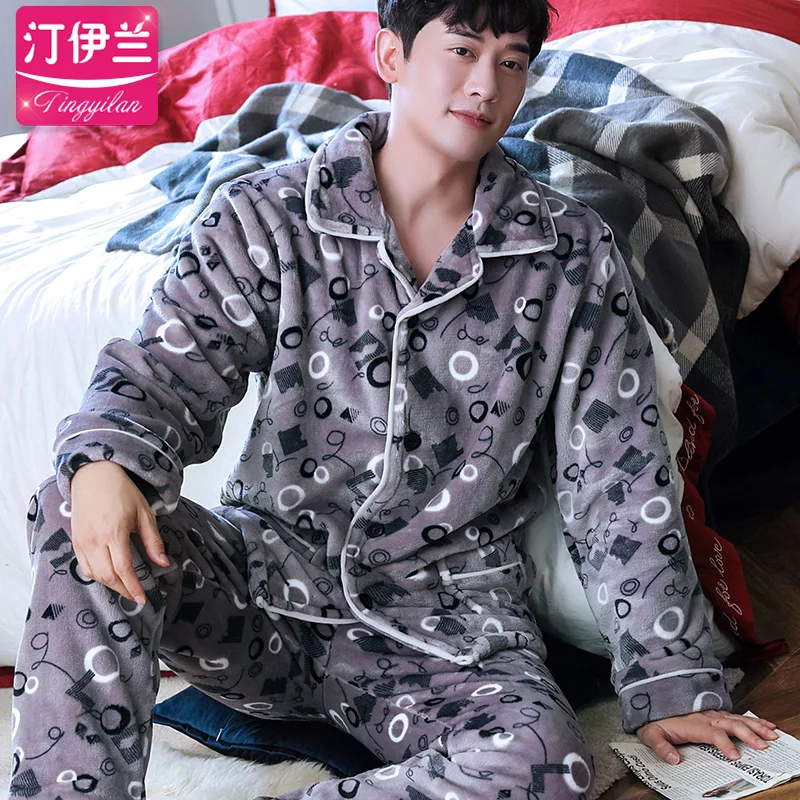 Китайский дракон Пижама мужской кардиган с длинными рукавами Мужская пижама комплект Мужская Толстая теплая Фланелевая Пижама для мужчин костюм для сна домашняя одежда - Цвет: 007
