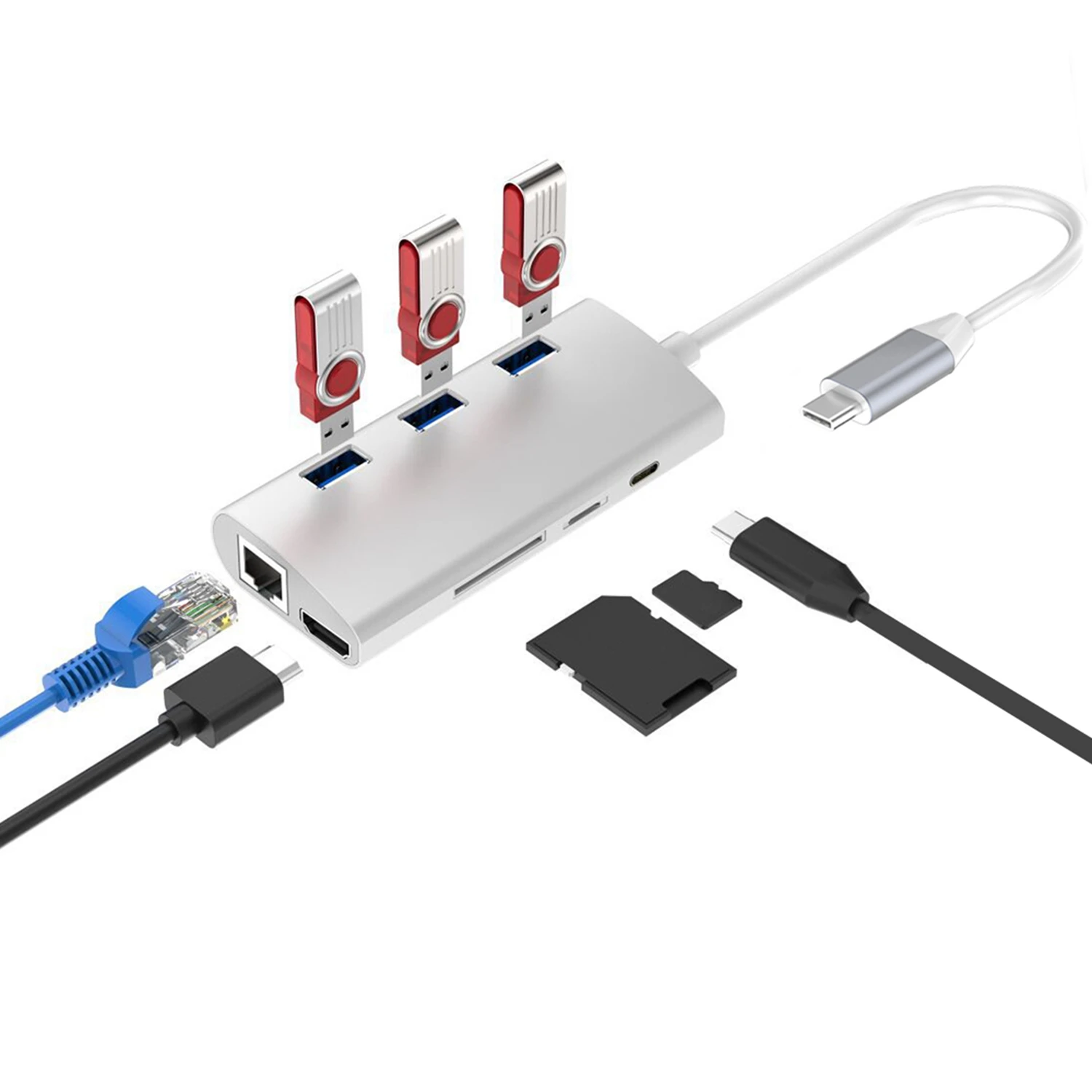 Type-C-концентратор(3 порта Usb3.0)+ Hdmi 4K+ Rj45 гигабит+ Pd зарядка+ 3,0 Sd/Tf считывание карт