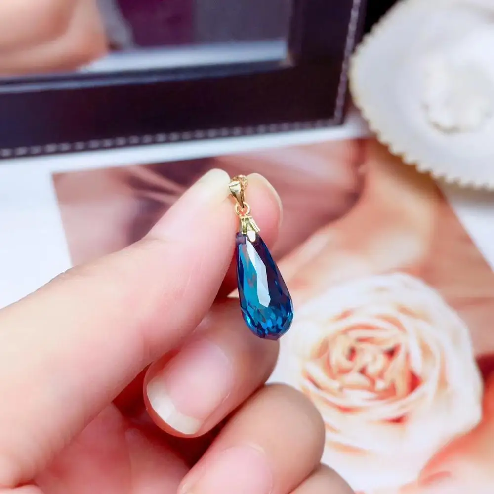 Elegant simple water drop natural blue topaz gem Pendant natural gemstone pendant 18k yellow gold Women girl party gift jewelery
