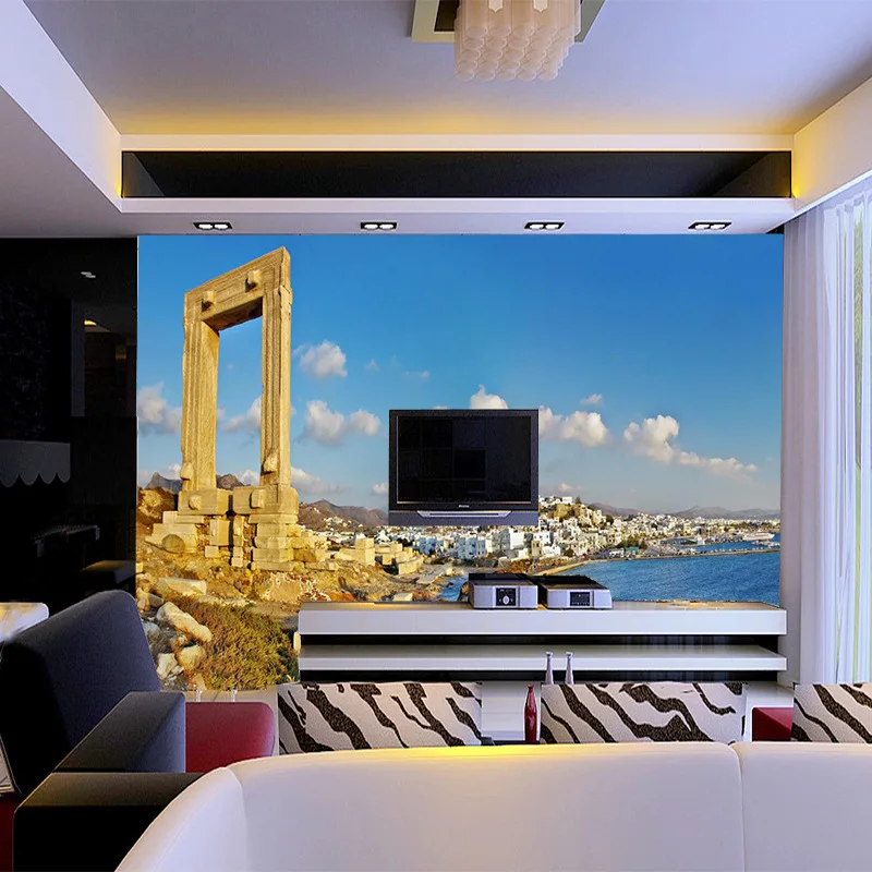 

TV sofa as background in living roomlarge 3D customized mural European Nostalgia seaview painting with old building behind