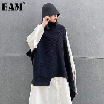 

[EAM] Gray Irregular Big Size Long Knitting Turtleneck Sweater Loose Fit Women New Fashion Tide Autumn Winter 2020 1DC344
