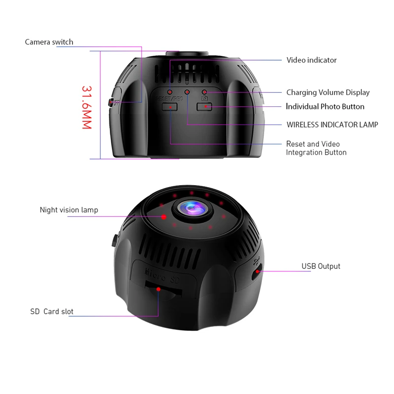 1080P Wifi мини-камера микровидеокамера 160 ° широкоугольный объектив 650 мАч инфракрасная ночного видения сеть домашней безопасности