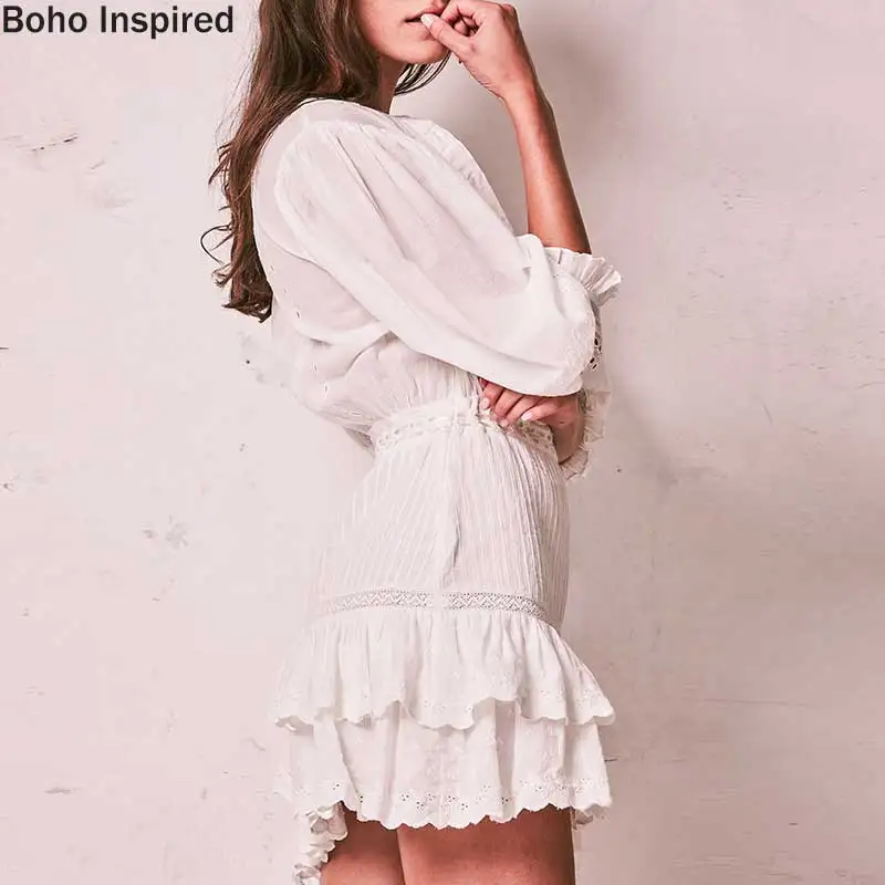 BOHO INSPIRED Lorelei tiered white party dress embroidery ruffle dress women O-neck lantern sleeve mini cotton boho dress