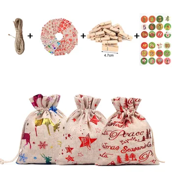 

Christmas Linen bag Gift Bag Advent calendar Candy Chocolate Cookies Bag With clip Merry Christmas Decorations Navidad 2020