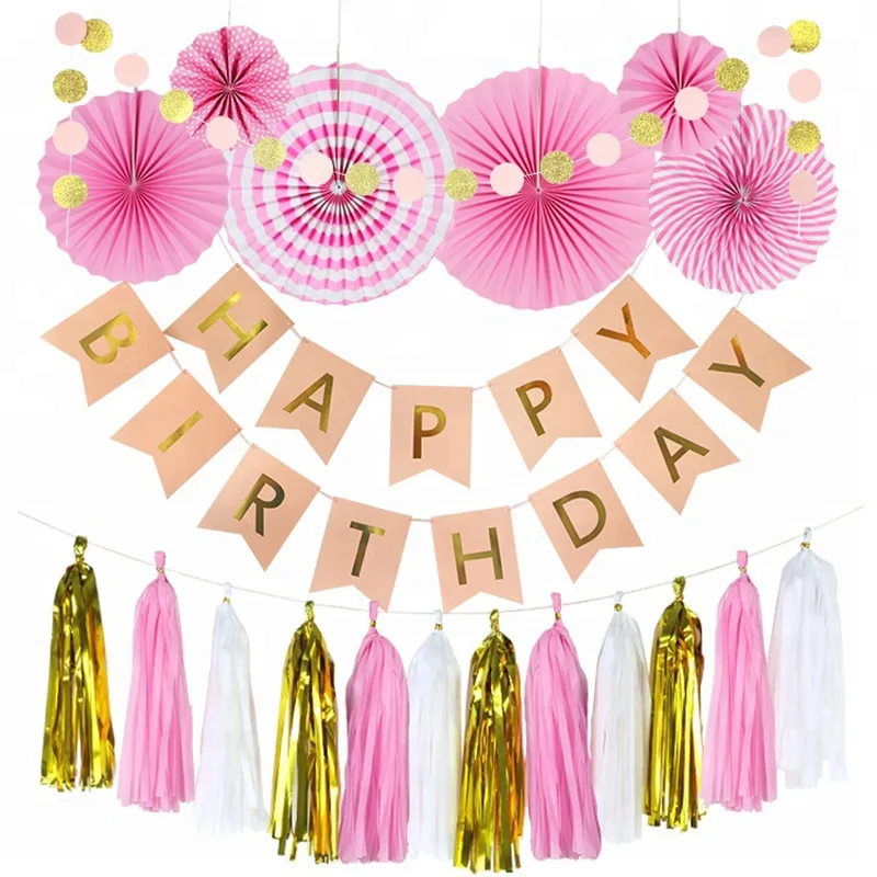 Розовый Бумага вентилятор украшения ко дню рождения цвет золотистый белый с
