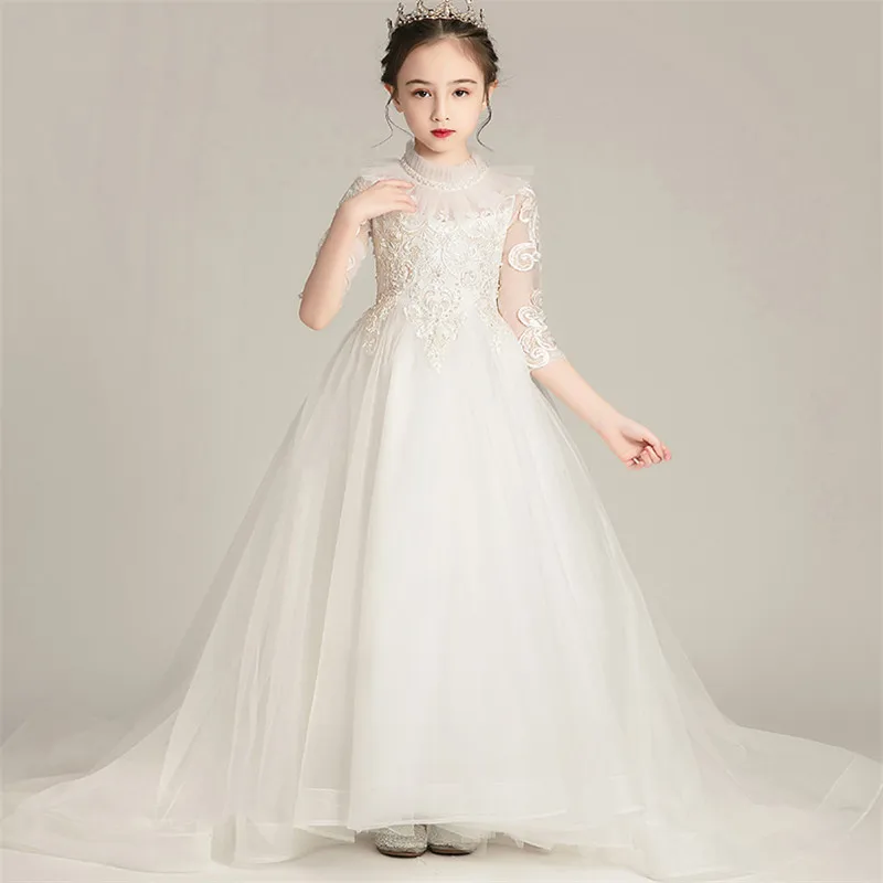 Детское платье белого цвета с вышитыми цветами для маленьких девочек; платье со шлейфом на свадьбу, день рождения, вечеринку; Детские костюмы на церемонию; платье