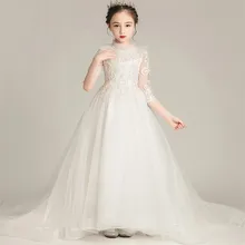 Детское платье белого цвета с вышитыми цветами для маленьких девочек; платье со шлейфом на свадьбу, день рождения, вечеринку; Детские костюмы на церемонию; платье
