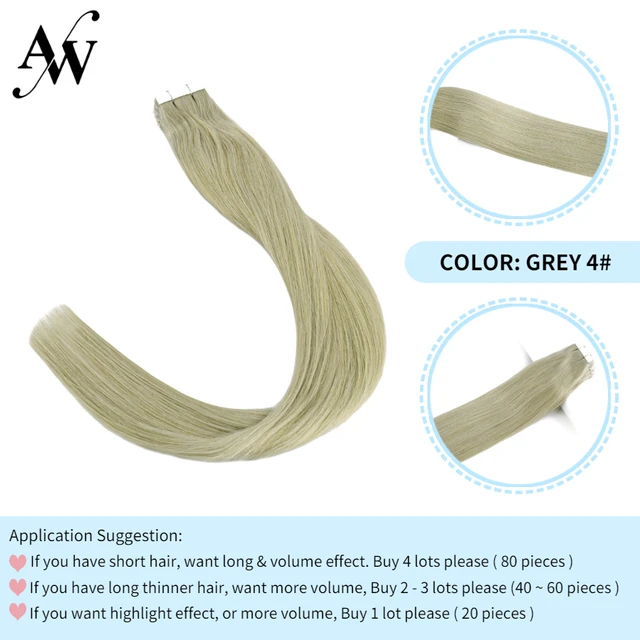 AW 12''-28'' Tape In Human Hair Extensions Straight Seamless Invisible Natural Machine Made Remy Adhesive Glue On Hair Extension Grey4