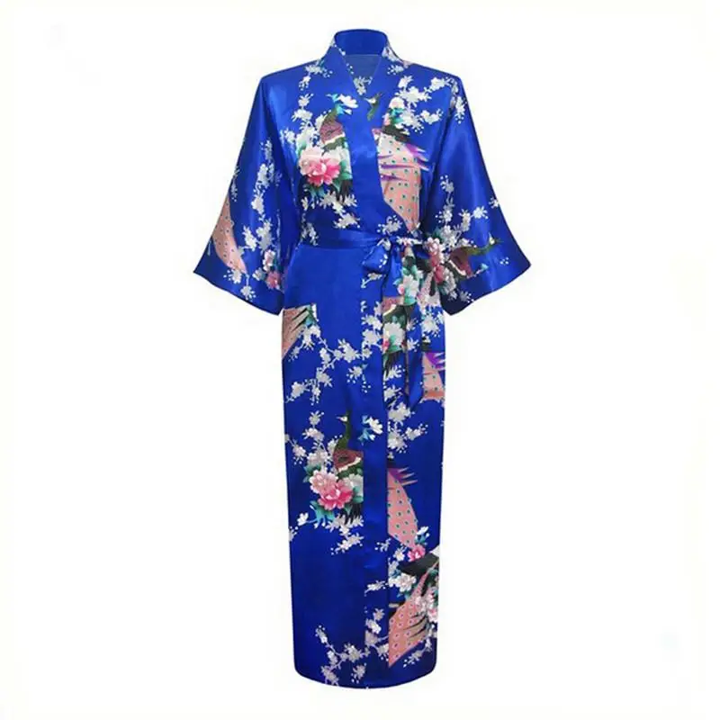 Элегантный черный женский длинный свадебный халат изысканный принт павлин цветок халат летнее повседневное Мягкая атласная пижама - Цвет: Blue