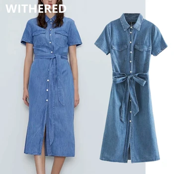 

Dave&Di 2020 england vintage sashes pockets cotton summer dress women vestidos de fiesta de noche vestidos denim midi dress