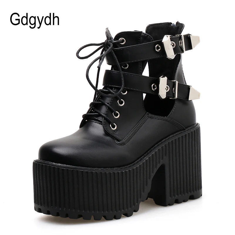 Gdgydh/женские ботильоны на квадратном каблуке; обувь на платформе в стиле панк; модная обувь черного цвета с пряжкой на резиновой подошве с квадратным носком и ремешком на щиколотке