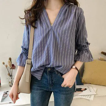 

Fashion Loose Striped Blouse Sexy V Neck Female Shirt Top Women Blouse Korean Style