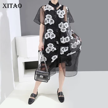 

XITAO Korean Style Two-piece Mesh Dress Women Minority Chrysanthemum Pattern Loose Perspective Dresses Trend Streetwear DMY4827