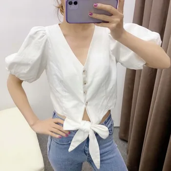 

2020 New Summer Shirts Women Short Sleeve Cotton Wild Fashion Ladies Blouses and Tops V Neck Solid Color Women Clothing