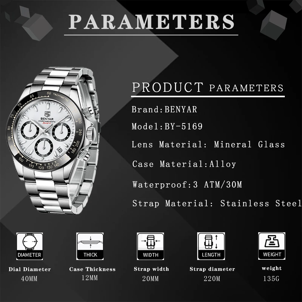 Relojes Hombre 2021 BENYAR New  Watches Men Luxury Brand Chronograph Male Sport Watches Waterproof Stainless Steel Quartz  Watch