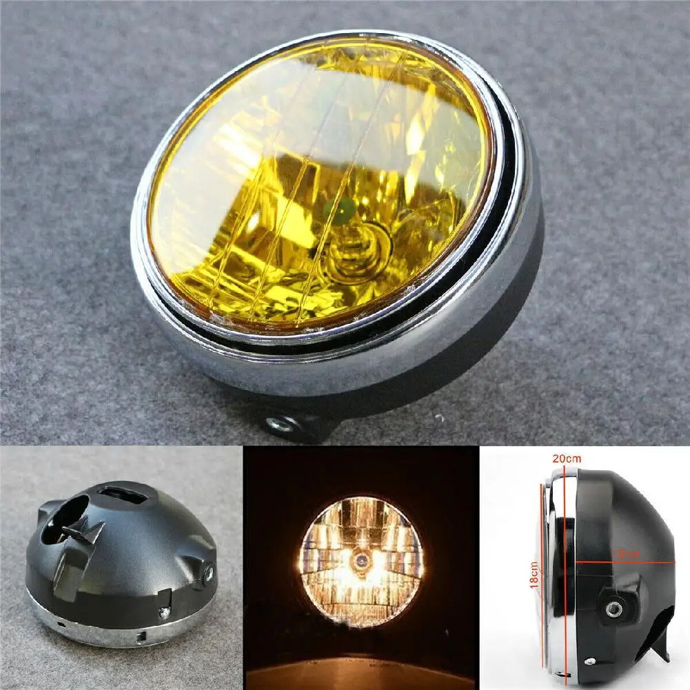 Retro Motorcycle Modified Universal Cafe Racing Headlights Decorative Metal Far and Near Lights Chrome+Amber Lens