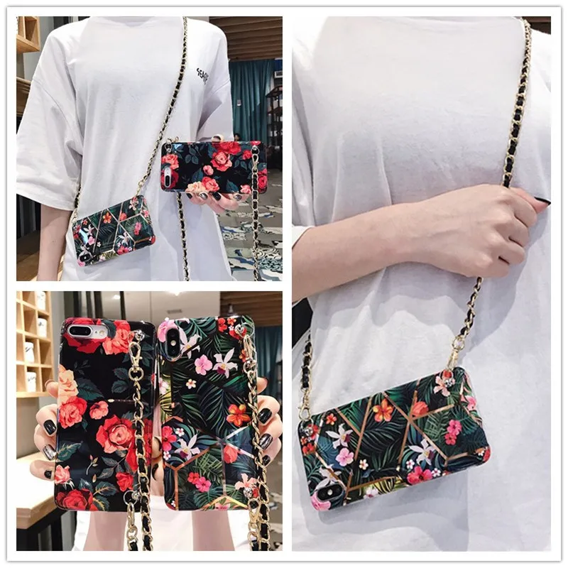 

For iphone 11 pro max XS MAX XR X 7 8 6 6S plus case cover fashion Rose Tropical Leaves shoulder chain soft tpu phone bag capa