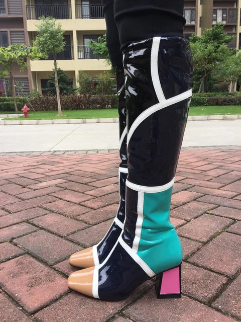 apricot long boots MStacchi/теплые зимние женские полусапожки; Mujer; г.; разноцветные ботинки из лакированной кожи; Лоскутные туфли-лодочки на Высоком толстом каблуке с квадратным носком - Цвет: apricot long boots