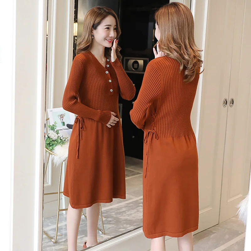 

Maternity Clothes 2019 New Style Autumn And Winter Knit Medium-length Korean-style Pregnancy Postpartum Fashion Hot Mom Dress-Fe