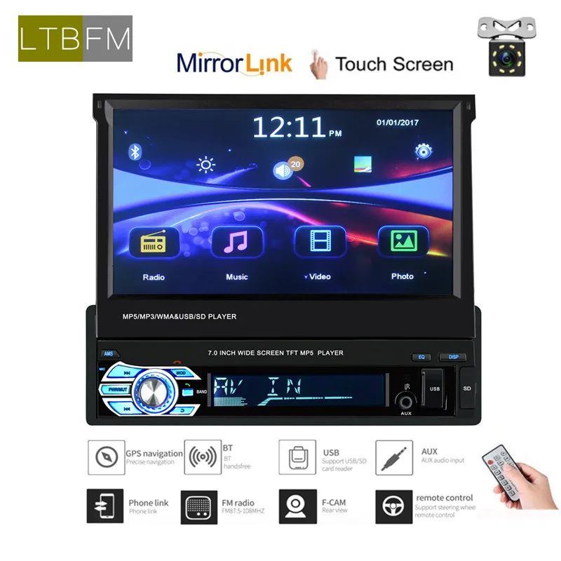 

LTBFM 1Din Radio Car 7" Touch Screen Car Stereo MP5 Multimedia Car Player Bluetooth FM Stereo Radio with Reverse Support USB/AUX