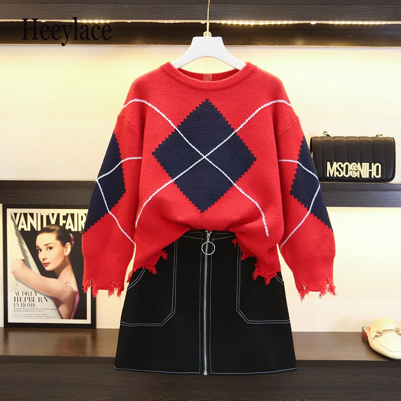 

Autumn Winter Women plus size Two Piece Set O-neck Geometric Knitted Sweater Tops + Skirt Mini Pockets Zipper Casual 2 Piece Set