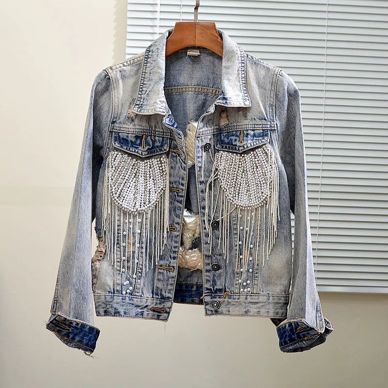 

Jean Jeacket Woman 2020 Spring Autumn Trend New Style Slim Fit European Style Pearl Embroidered Holes Long Sleeve Jeans Coat Top