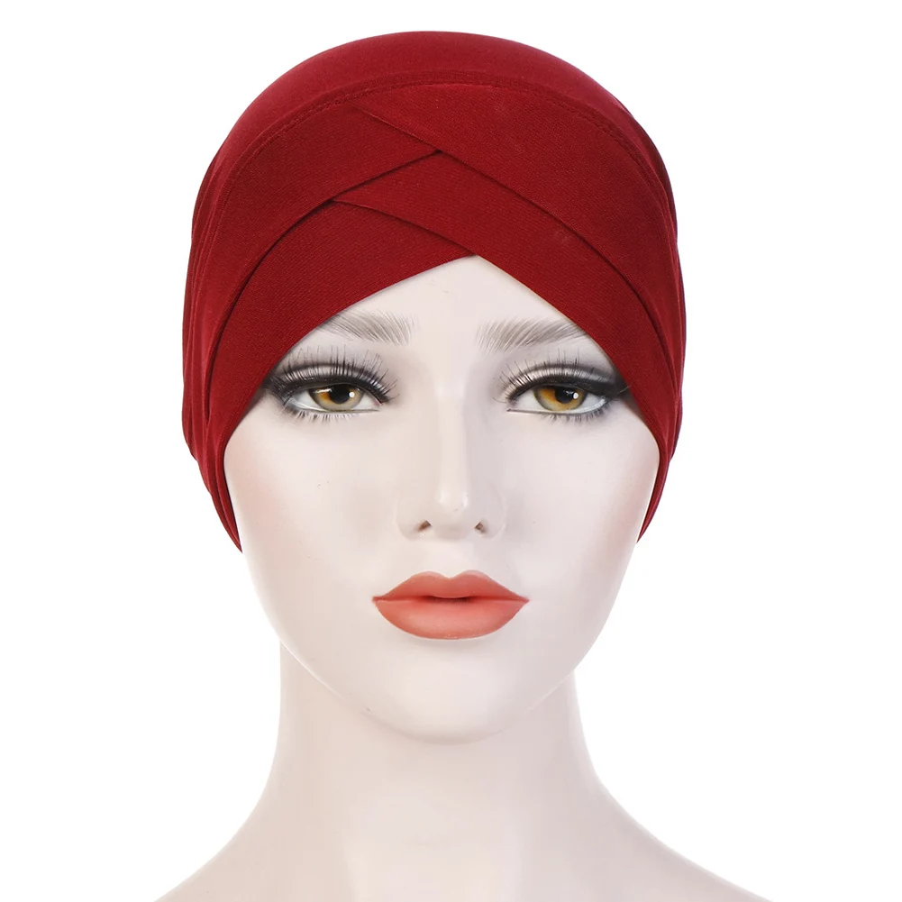 Bohemian Hijab Caps Muslim Women Stretchy Hat Turban Scarf Cross Head Wrap Chemo Bandana Muslim Scarf Hijab Cap