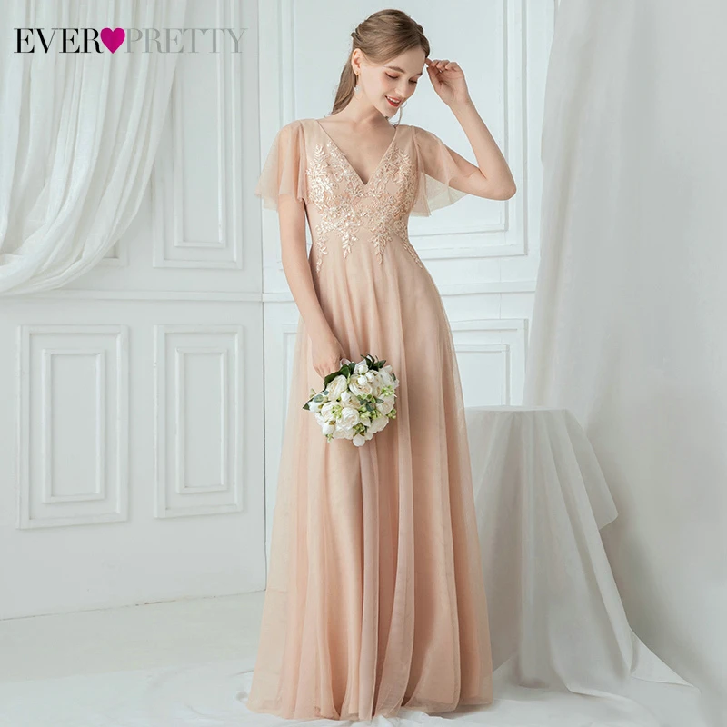 

Elegant Blush Bridesmaid Dresses Ever Pretty Appliques Ruffles Sleeve A-Line Double V-Neck Wedding Party Gowns Vestido Madrinha