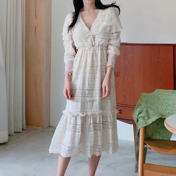 

Women Sweet Retro Dress Summer Spring Korean Japan Chic French Bottoming High Waist Dress Vintage Palace Style Lace Dresses